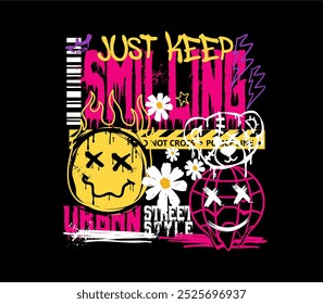 urban graffiti street style with melting smiley face. Streetwear graphic for clothing design, t shirt, hoodie and more.