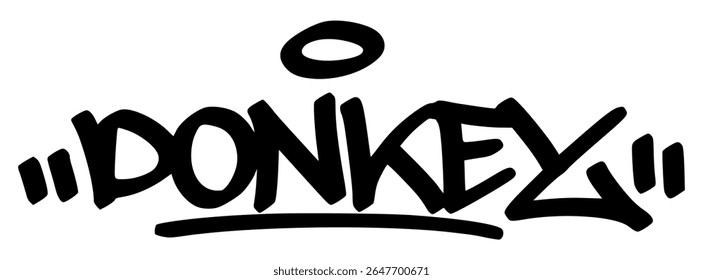 Urban graffiti tag of “Donkey” in bold black letters. Hand-drawn farm animal design with street art attitude, perfect for quirky merch and youth projects.