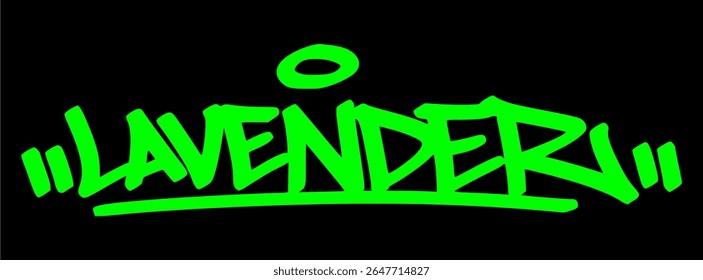 Grafite urbano com a tag "Lavender" em verde sobre preto. Arte floral calma com vibe natural, ótimo para temas de ervas, botânica e design relaxante.