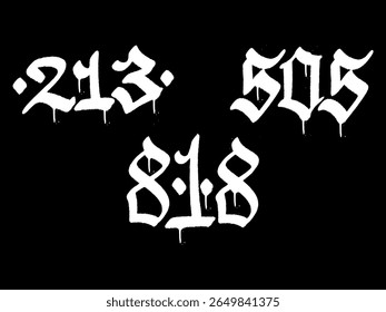 Urban graffiti tag word 213, 505, 818. in bold black and white street art style vector illustration.
