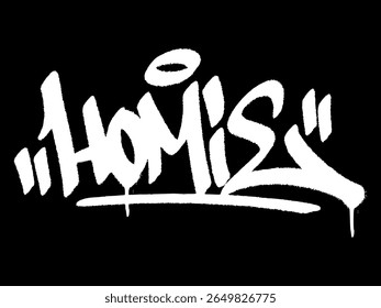 Graffiti urbano marca palavra "Homie" em negrito preto e branco rua arte estilo ilustração vetor.

