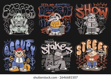 Urban graffiti vector set. Graffiti t-shirt designs bundle for print. Streetwear graphic tee shirt design,
Graffiti art t-shirt design bundle, urban culture with street style graphic set, Cartoon