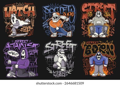 Urban graffiti vector set. Graffiti t-shirt designs bundle for print. Streetwear graphic tee shirt design,
Graffiti art t-shirt design bundle, urban culture with street style graphic set, Cartoon