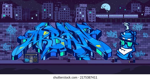 Urban Graffiti Wall With Street Artist Painting Graffiti Drawings At Night Against The Background Of The Cityscape Vector Illustration