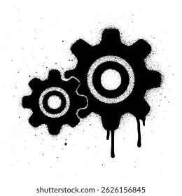 Urban graffiti-style black and white illustration of two interlocking gear wheels with spray paint texture and dripping effect.