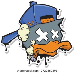 Un Vector urbano estilo graffiti de un personaje de pato fresco con ojos X, con un sombrero snapback azul y fumando un contundente. Perfecto para ropa de calle, pegatinas y diseños temáticos de hip-hop.