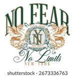 Urban graphic artwork featuring gothic lettering, vintage dragons and crest emblem, inspired by streetwear fashion culture. Ideal for apparel prints, retro style and modern urban clothing