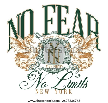 Urban graphic artwork featuring gothic lettering, vintage dragons and crest emblem, inspired by streetwear fashion culture. Ideal for apparel prints, retro style and modern urban clothing