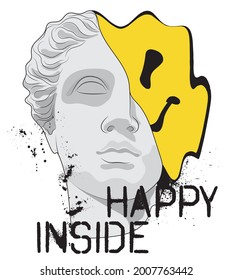 Urban greek statue illustration print with smiley emoji and graffiti happy inside slogan for graphic tee t shirt - Vector