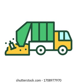 Urban Green Garbage Truck Line Color Icon. Residential And Commercial Waste. Outline Pictogram For Web Page, Mobile App, Promo.