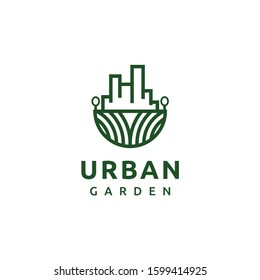 Urban green garden, City farm logo design linear stylel. Vector illustration.