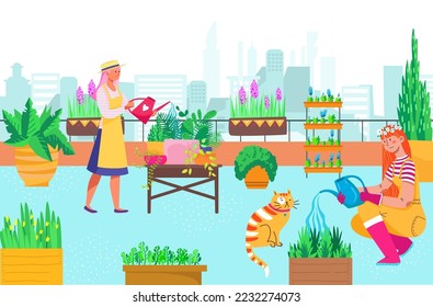 Urban green roof territory, people woman gardener character together care plants flower, rooftop farmer garden flat vector illustration.