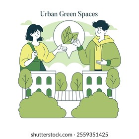 Urban Green Spaces concept. Two individuals engaging in a dialogue on environmental care against a city park backdrop. Promoting community involvement in green initiatives. Vector illustration.