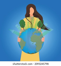 urban greenery. Street with trees. Mother woman holds an eco-friendly and green planet earth in her hands. Flat vector illustration