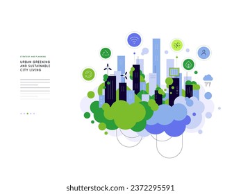 El ecologismo urbano y la vida urbana sostenible. Ilustración plana, banner web con lugar para texto. Archivo vector.