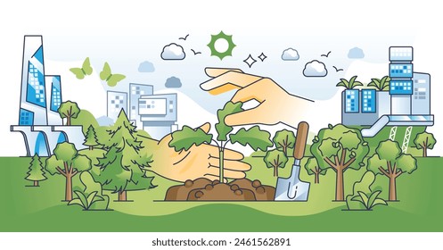 Urban greening and tree planing in green city parks outline hands concept. Sustainable and environmental residential neighborhood with nature friendly practices and lifestyle vector illustration.