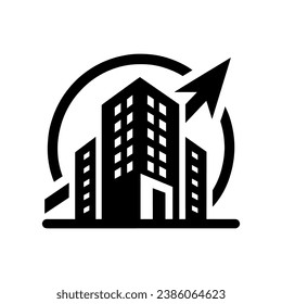 Urban growth and expansion icon. Icon of skyscrapers with an upward arrow. Concepts of urban development, economic growth, and real estate progress