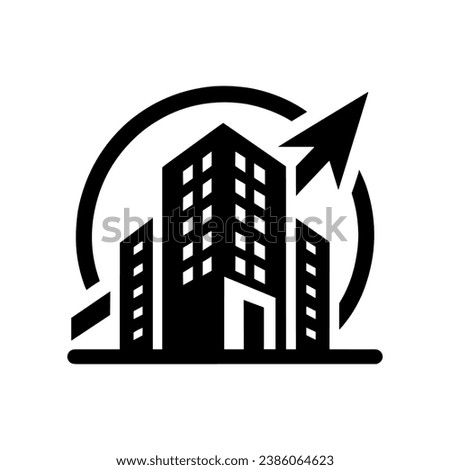 Urban growth and expansion icon. Icon of skyscrapers with an upward arrow. Concepts of urban development, economic growth, and real estate progress