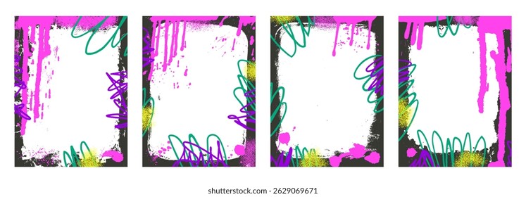 Conjunto de quadros de fundo grunge urbano. Modelos de grafite de borda com linhas de aerógrafo traçado e respingos. Design de decoração de tinta e tinta. Sobreposição de maquete de cartaz de textura retrô. Ilustração vetorial.