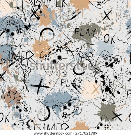 Urban grunge gaming pattern with hand drawn game controllers, abstract splashes and typography elements. Modern street style design for textiles, apparel, kids fashion, wallpapers and creative backgrounds.