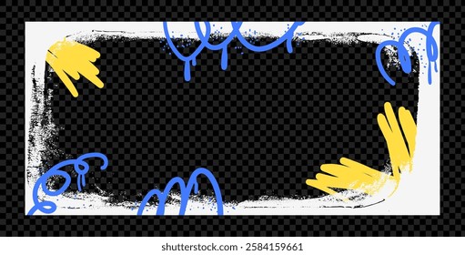 Urban grunge spray background horizontal frame. Border graffiti template with airbrush lines stroke and splodges. Ink and paint punk decor for photo. Retro texture banner overlay Vector illustration.
