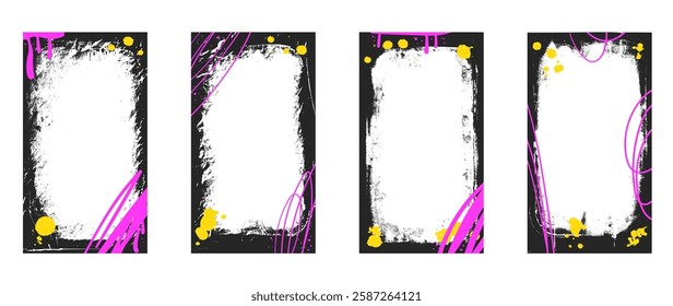 Urban grunge spray story background frames set. Border graffiti template with airbrush lines stroke and splash. Ink and paint punk decor for social media photo. Retro vector texture overlay.