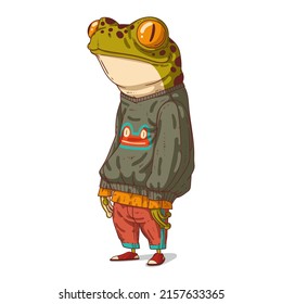 An Urban Guy, isolated vector illustration. Calm anthropomorphic teenage frog wearing a cool street style outfit. Young trendy dressed humanized toad. An animal character with a human body