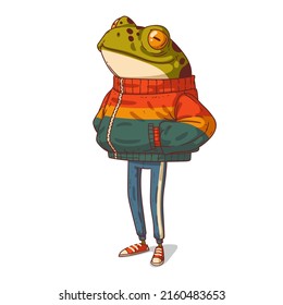 An Urban Guy, isolated vector illustration. Serene frog in a sport style outfit with his hand in his pockets. Tall anthropomorphic paunchy toad with legs. An animal character with a human body