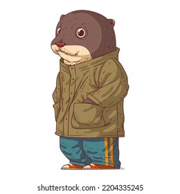 An Urban Guy, isolated vector illustration. Confused otter in a modern casual outfit standing with his hands in his pockets. An animal character with a human body on white background. Drawn sticker