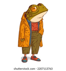 An Urban Guy, isolated vector illustration. A frog character in a modern casual outfit standing with his hand in his pocket. A toad with a human body on white background. Drawn animal sticker art