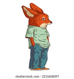 An Urban Guy, isolated vector illustration. Simply dressed fox person. Animal art. A fennec with a human body in a casual outfit on white background. Drawn animal sticker. Calm fox character