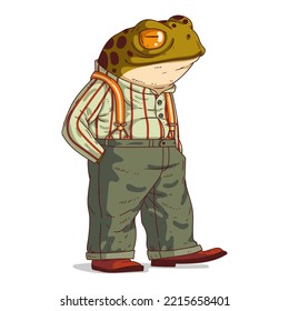 An Urban Guy, isolated vector illustration. Dressed frog person. A toad with a human body in a casual retro outfit on white background. Drawn sticker. Calm animal character watching something