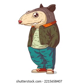 An Urban Guy, isolated vector illustration. Casually dressed opossum person. A possum with a human body on white background. Drawn animal sticker art. Calm opossum character watching something