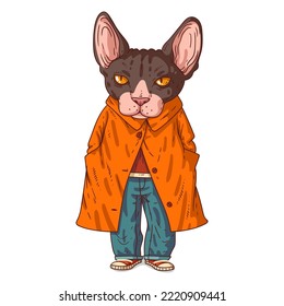 Ein urbaner Guy, einzelne Vektorgrafik. Gelegentlich gekleidete Katze. Ein Sphynx mit einem menschlichen Körper in einem gelben Regenmantel. Zeichnete Tieraufkleber-Kunst. Calm anthropomorphe Katze auf weißem Hintergrund