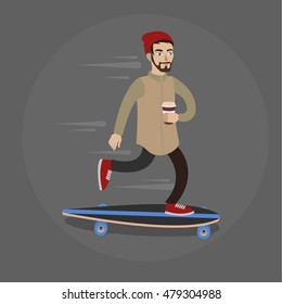 Urban guy on long board holding takeaway coffee cup. Isolated vector illustration