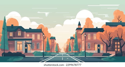 Urban Haven  Serene Nature and Architecture Blend in Vector City Street Illustration