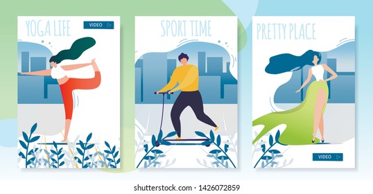 Urban Healthy Lifestyle Flat Cartoon Cards Set. Yoga Life, Sport Time and Pretty Place Lettering Posters with Man and Woman. Sporty and Healthy Lifestyle. Rest and Recreation Vector Illustration