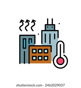 Urban heat. City skyline, heat and red thermometer for high temperatures. Pixel perfect, editable stroke icon 