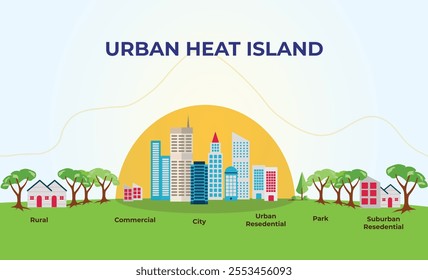 Urban Heat Island (UHI) effect. Diagram illustrating the Urban Heat Island (UHI) effect, showing temperature differences between urban, suburban and rural areas.