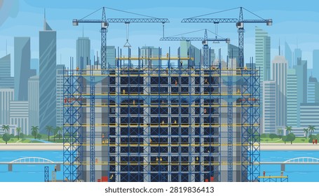 Urban highrise building under construction with scaffolding and multiple tower cranes against city skyline.