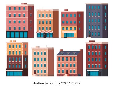 Urban high-rise buildings with shops in them. Residential construction real estate. Exterior of buildings in the city. Vector illustration