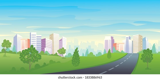 Urban highway with city skyline and park area, highway view and nature landscape vector illustration