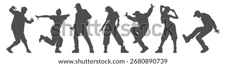 Urban hip hop dancer performing dynamic streets dance moves set silhouettes illustration