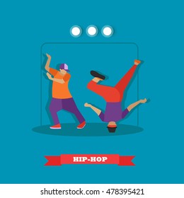 Urban hip hop dancers. Young guys dancing breakdance on a stage vector illustration in flat style design.