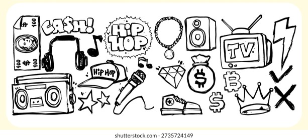 Conjunto de tags de grafite Urban Hip Hop Elements. Coleção de Ícones de Arte de Rua Desenhados À Mão para Design Criativo.