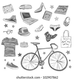 urban hipster accessories, smart grey scale doodles isolated on white