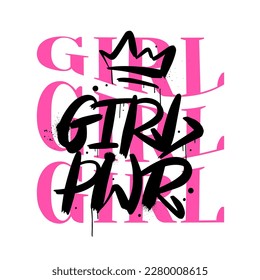 Urban hipster street art. Graffiti tag of Girl pwr with typography, spray effect. Concept of feminism, women's rights. Grunge print for graphic tee, streetwear, hoodie - Vector artwork.