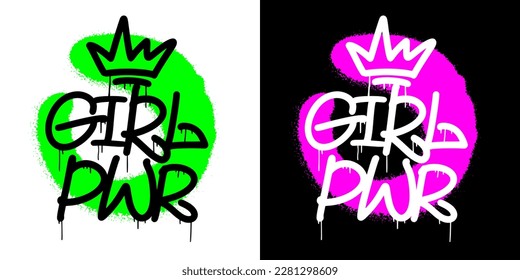 Urban hipster street art. Graffiti tag of Girl pwr with neon spray effect. Concept of feminism, women's rights. Grunge print for graphic tee, streetwear, hoodie - Vector artwork.