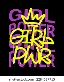 Urban hipster street art. Graffiti tag of Girl pwr with typography, spray effect. Concept of feminism, women's rights. Grunge print for graphic tee, streetwear, hoodie - Vector artwork.