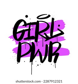 Urban hipster street art. Graffiti tagging of Girl pwr with spray effect. Concept of feminism, women's rights. Ready Internaional women's Day card. Grunge print for graphic tee - Vector artwork.